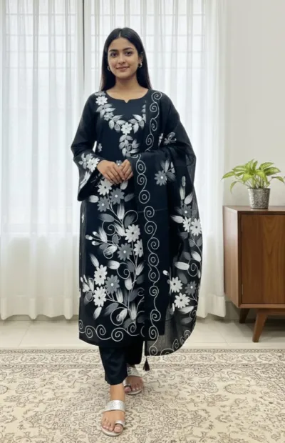 Block and Hand Print Unstitched Three Piece with Tassel Orna