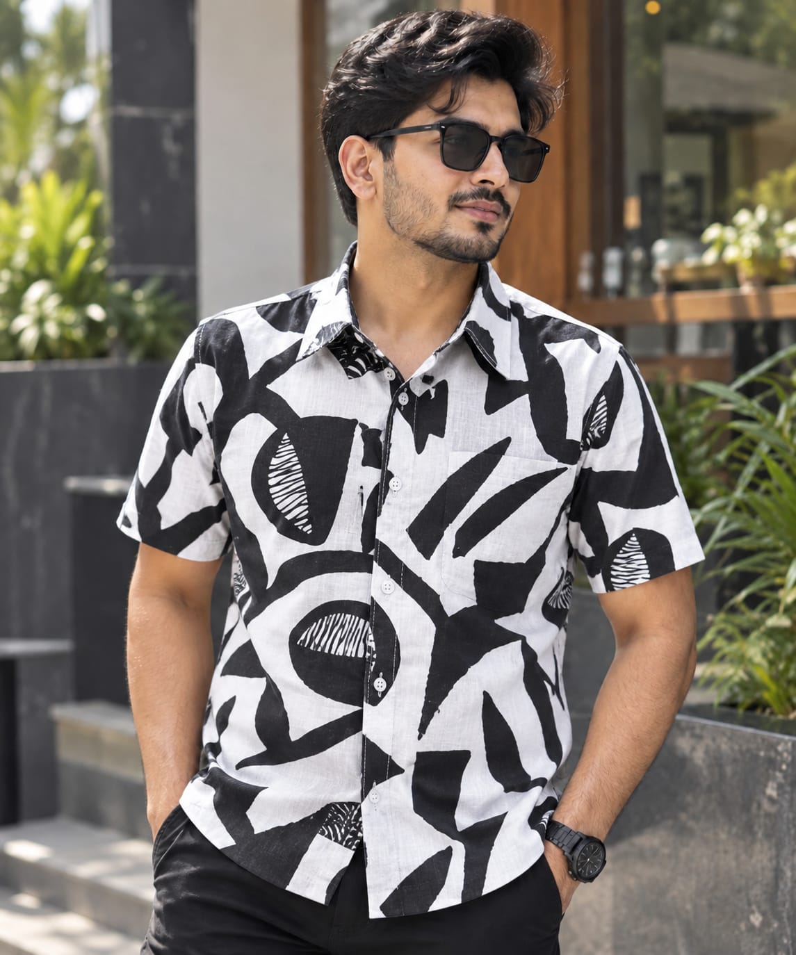 Men's Cotton Half Sleeve Print Shirt with Single Pocket