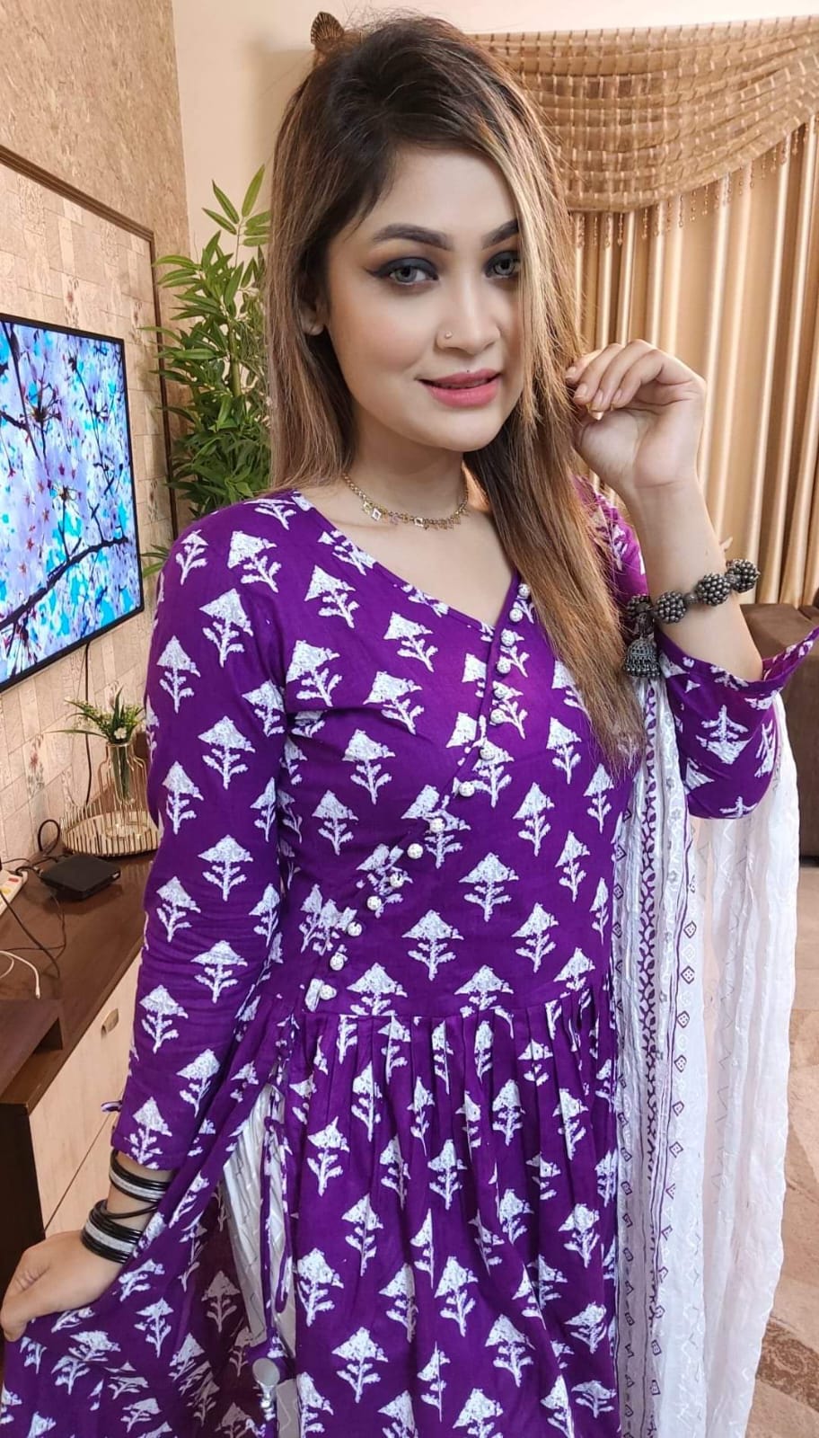 Printed Linen Three Piece with Butterfly Salwar and Cotton Orna