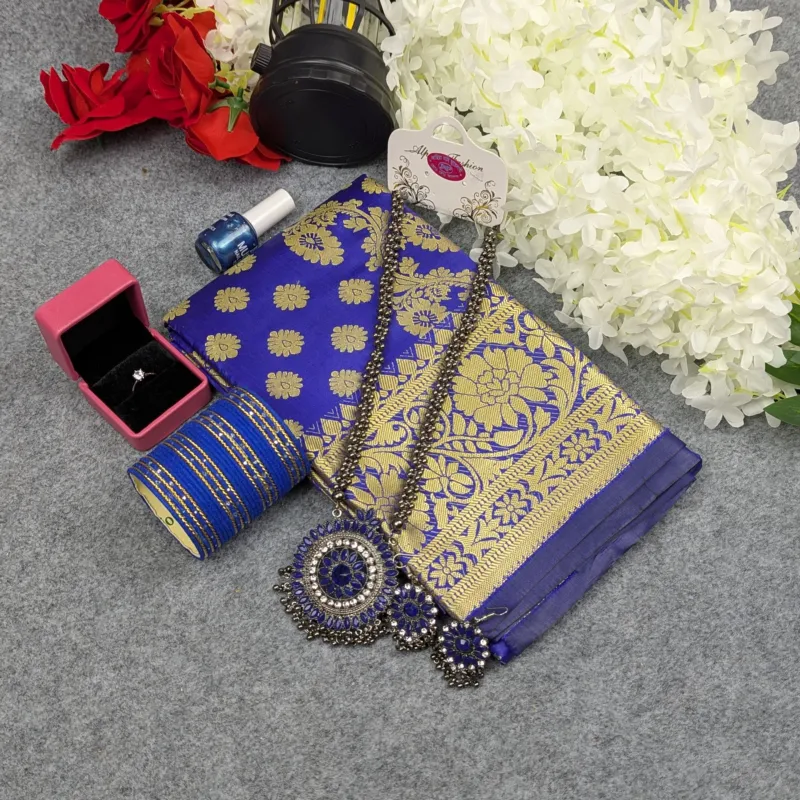 Premium Silk Katan Saree Combo Set - Blue