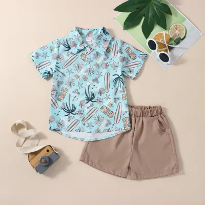 Boys' Summer Short Sleeve Printed Shirt Suit Summer Children's Beach Hawaii Holiday New Suit In Stock
