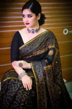 Reshmi Silk Saree with Chunri Block Print and Dollar Work