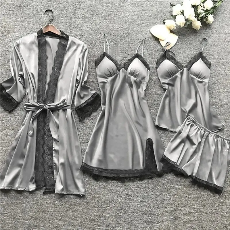 Satin Night Dress Set with Long Nightie, Gown and Shorts