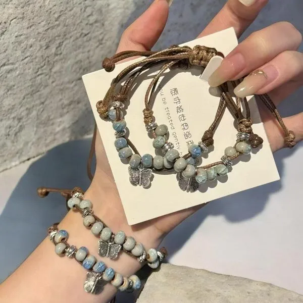 Butterfly Braided Fabric Bracelet for Girls, Ice Blue Gradient