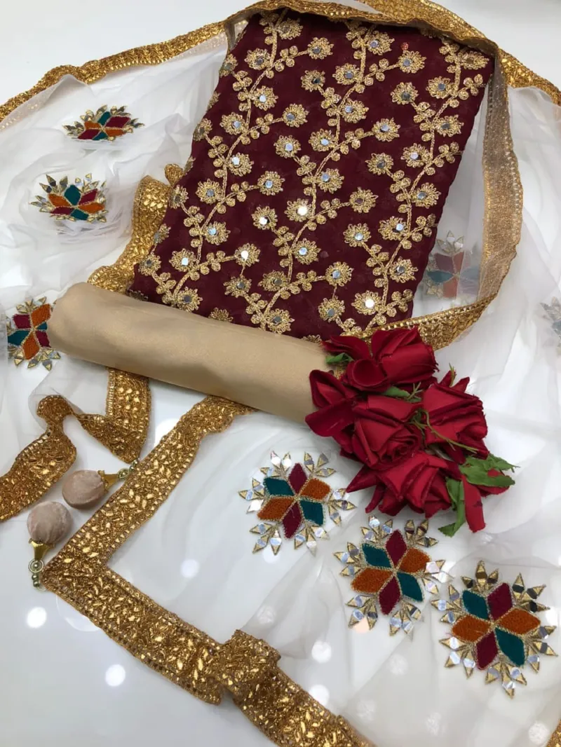 Semi-Stitched Georgette Embroidery Three Piece, Up to 52, 5 Colours