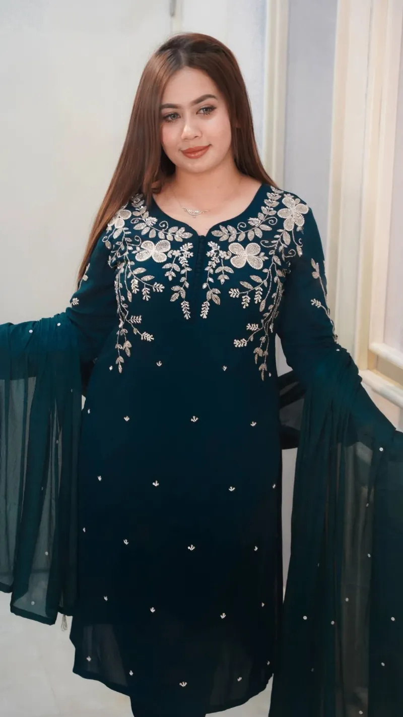 Women's Rayon Cotton Embroidered Three Piece with Stone Work Orna
