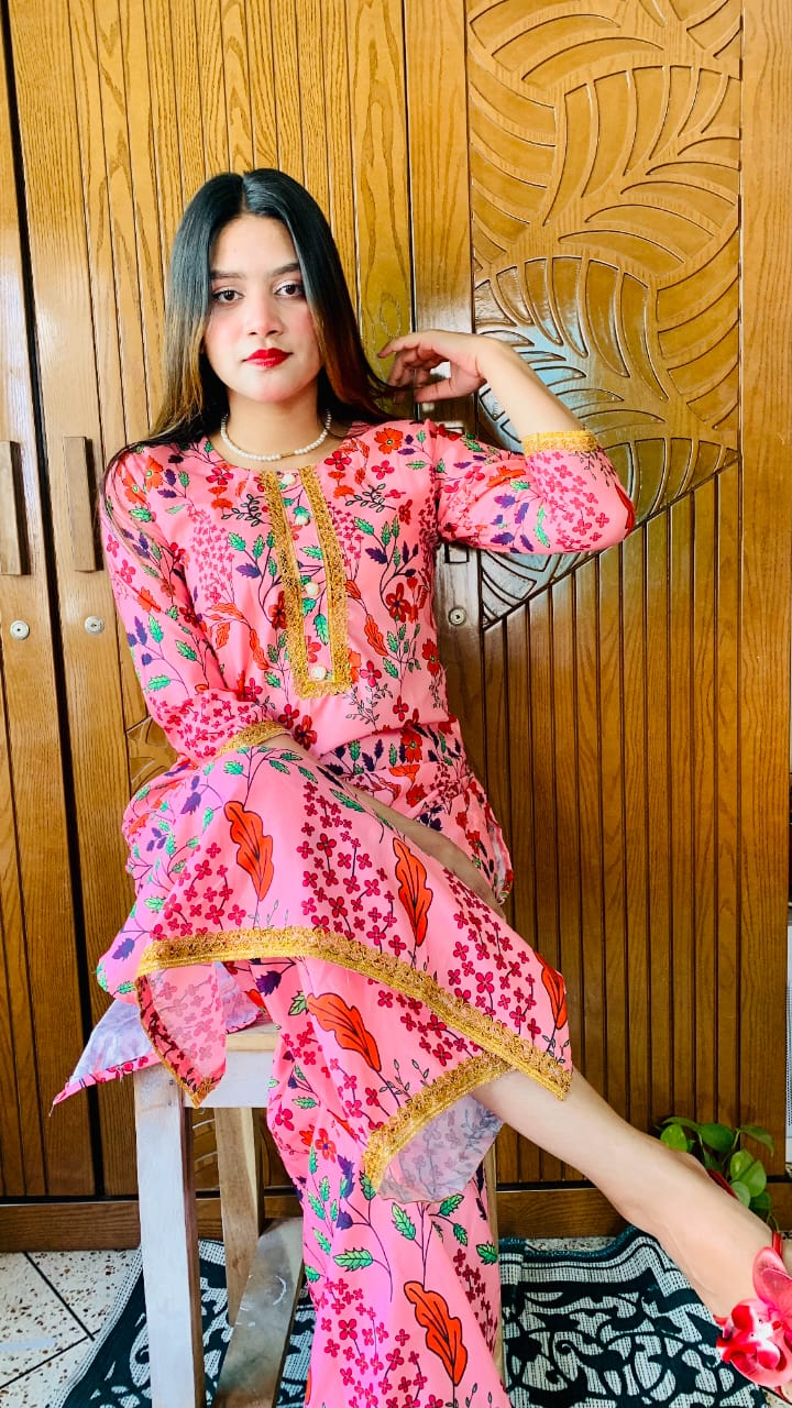 Dola Silk Digital Print Two Piece with Lace, Body 38 to 44