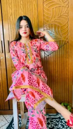 Women's Dola Silk Two Piece with 44 Inch Kameez and Lace Work