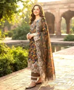 Laser Cut Readymade Three Piece with Embroidery and Lace Sleeves