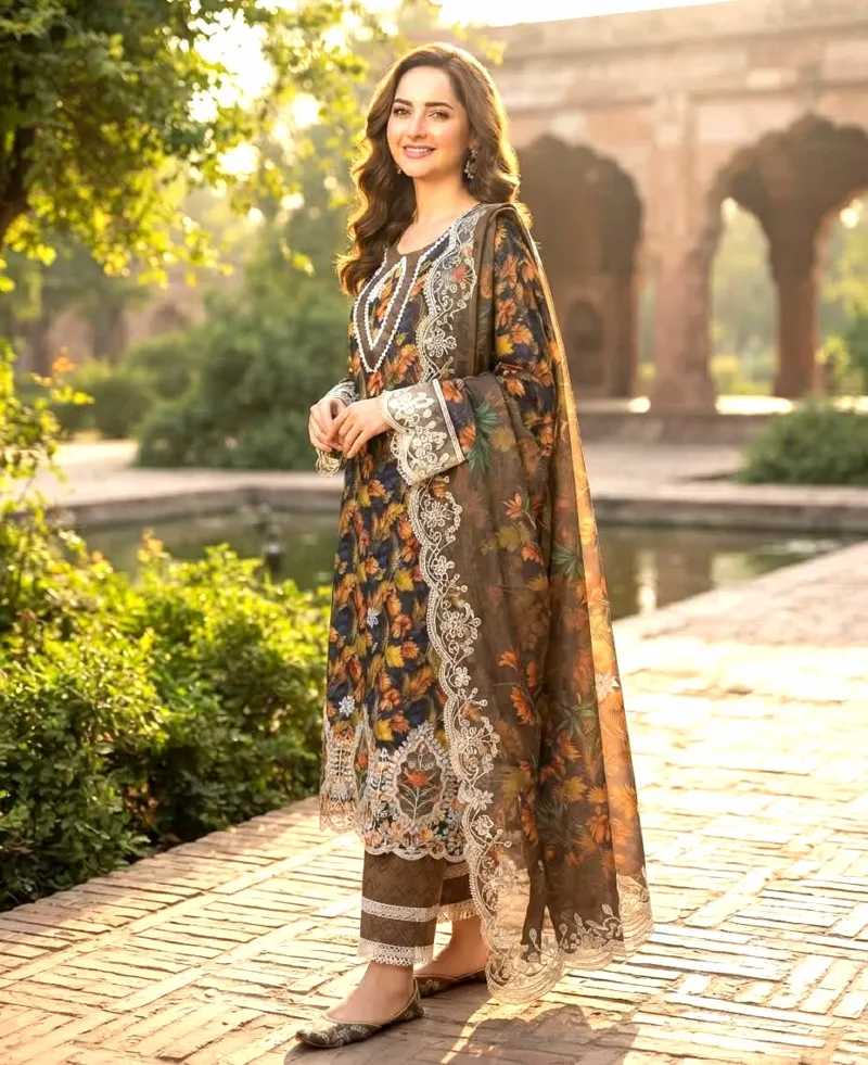 Laser Cut Readymade Three Piece with Embroidery and Lace Sleeves