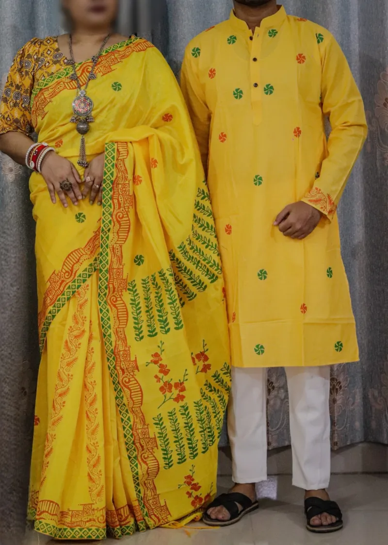 Matching Dhupian Silk Saree and Panjabi for Couples, 6 Colours