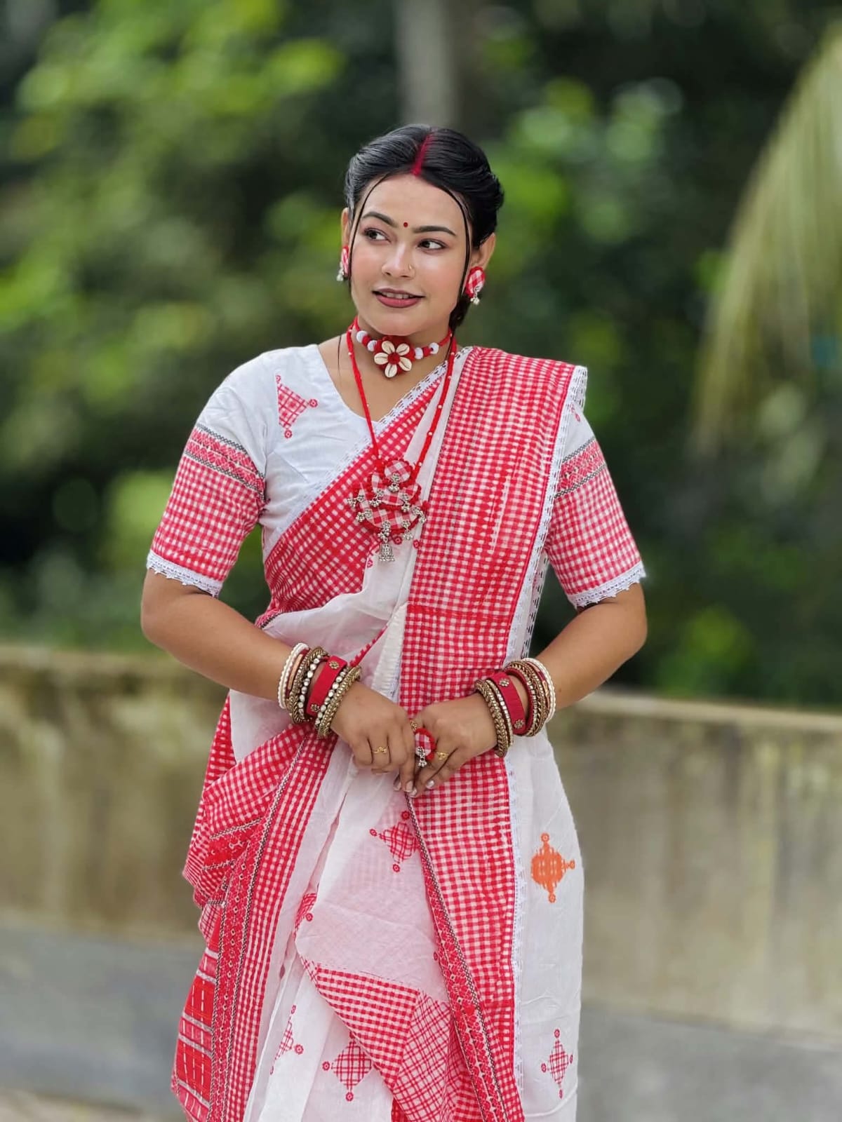 Gamcha Print Saree with Lace Work for Puja, 5 Colours