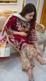 Women's Cotton Garara Three Piece, Embroidered Salwar, 4 Colours