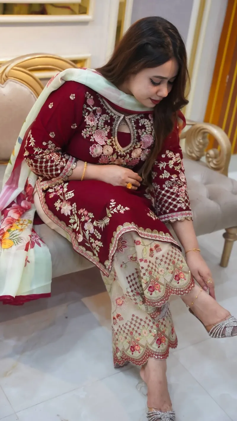 Women's Cotton Garara Three Piece, Embroidered Salwar, 4 Colours