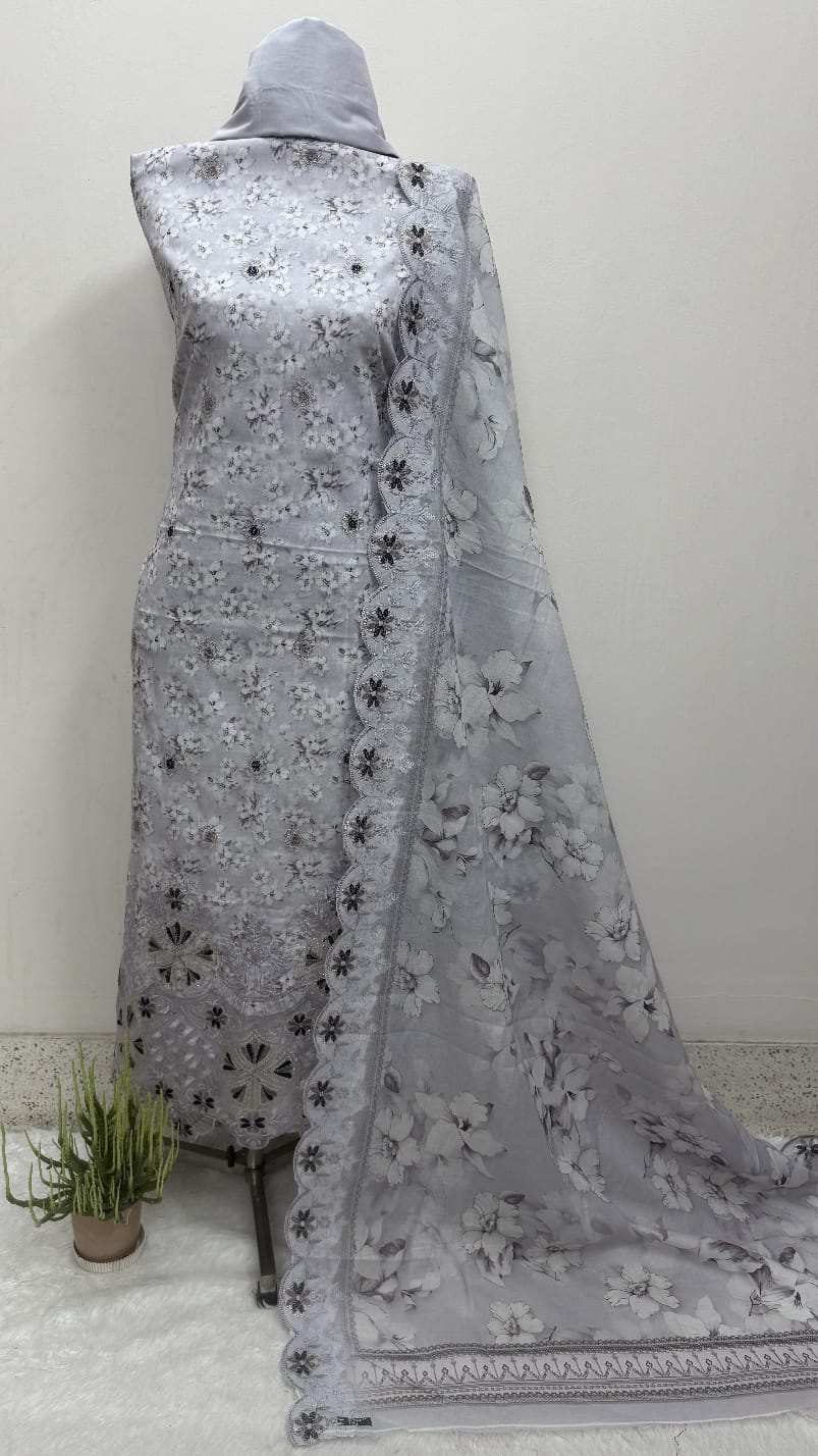 Unstitched Laser Cut Three Piece with Double Layer Hem