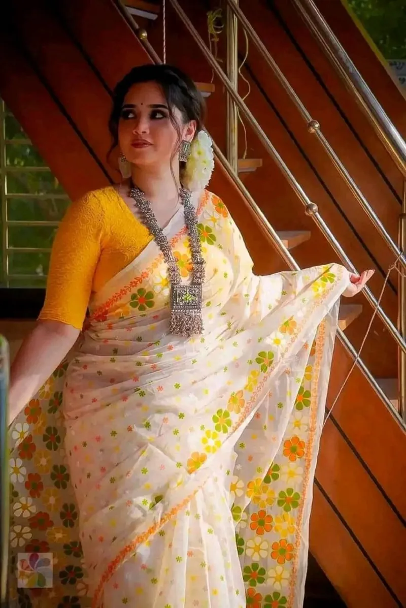 Resham Silk Saree with Screen Print and Matching Blouse Piece