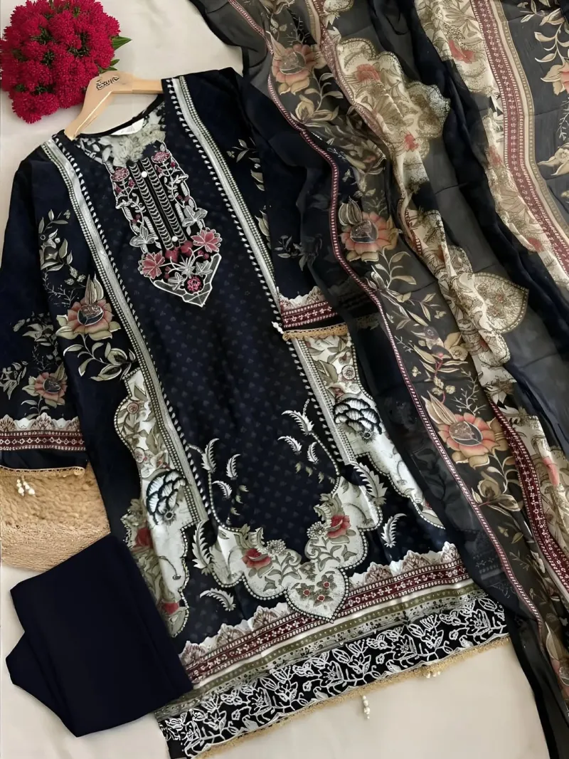 Women's Lace Work Digital Print Readymade Three Piece, 3 Colours