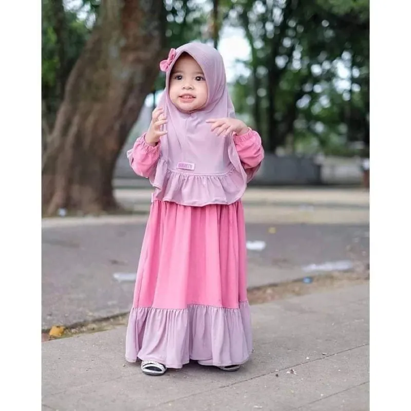 Girls' Borka Set with Hijab in Cherry Fabric, 2 to 6 Years