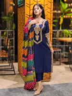 Linen Sequin Embroidery Three Piece with Butter Silk Salwar