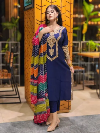 Linen Sequin Embroidery Three Piece with Butter Silk Salwar