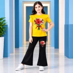 Yellow Floral Ribbon Top & Black Bell-Bottom Pants Set for Kids