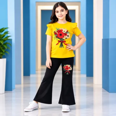 Yellow Floral Ribbon Top & Black Bell-Bottom Pants Set for Kids