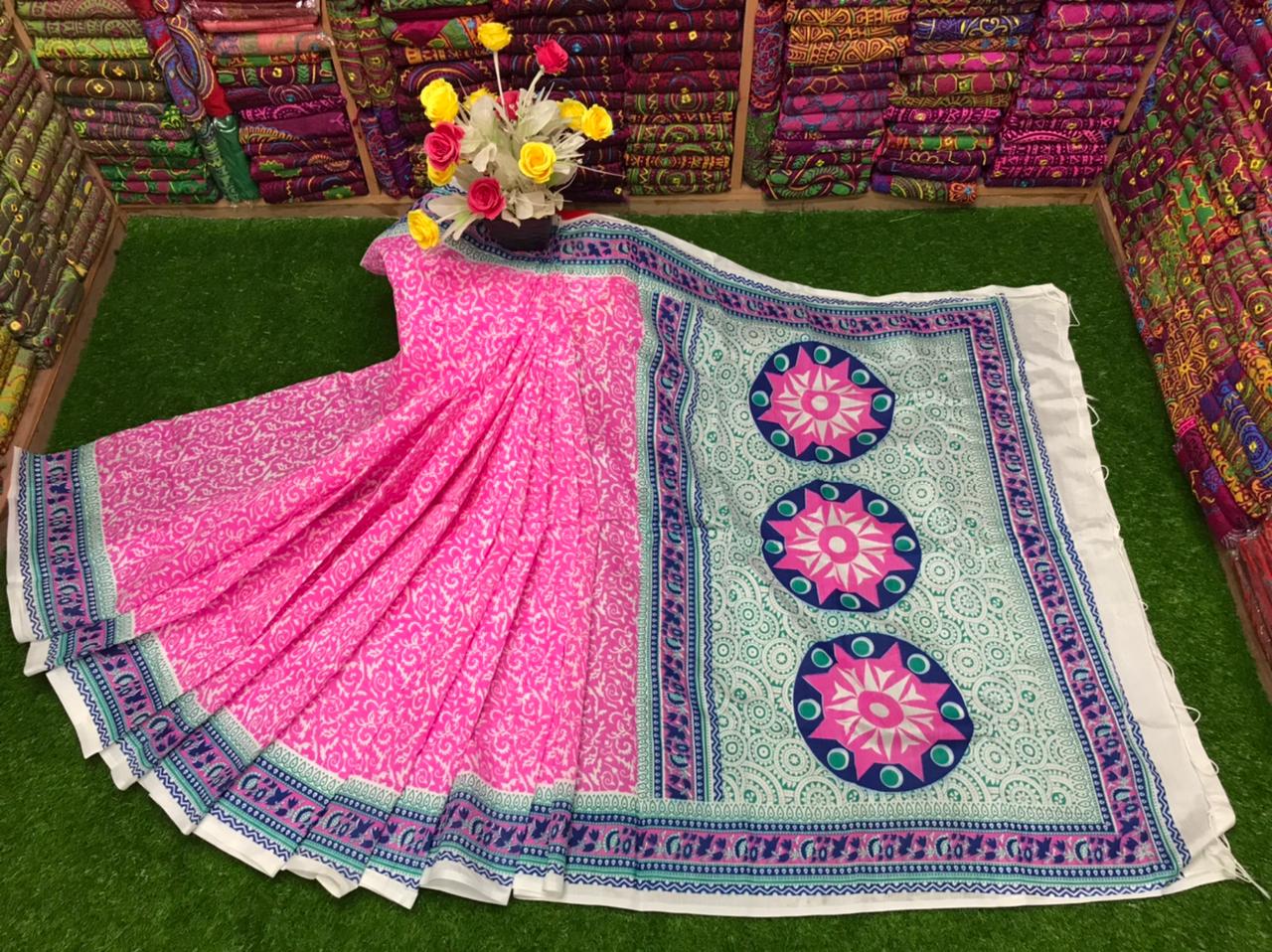Embroidered Dhupian Silk Saree with Block Print, 6 Colours