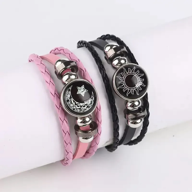 Sun and Moon Couple Bracelet Set, Leather with Metal Finish