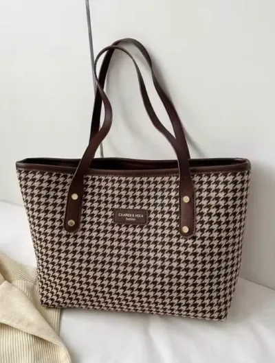 Women's Check Pattern Tote Bag with Zipper, 6 Colours