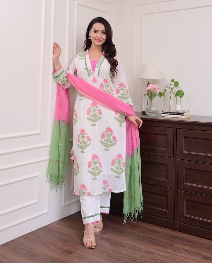 Cotton Screen Print Three Piece with Lace Work, 3 Colours