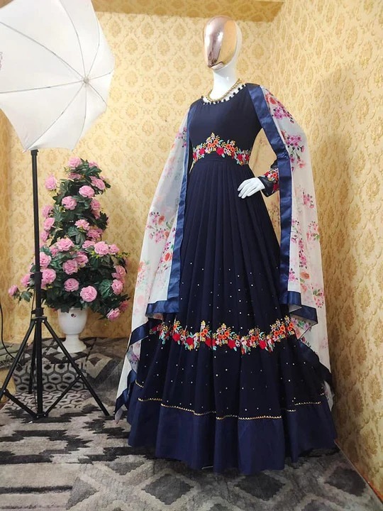 Women's Georgette Embroidered Party Dress, Free Size up to 47 Inch