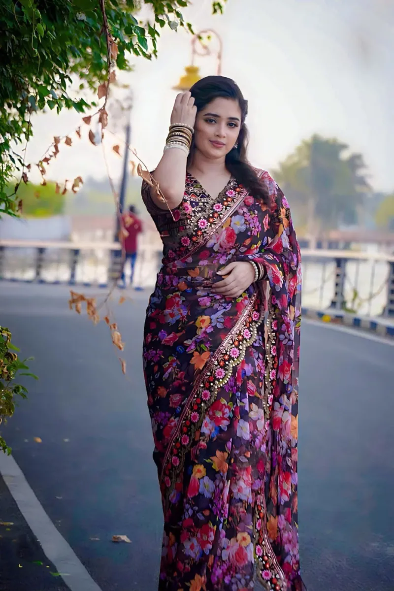 Silk Digital Print Saree with Stone Work and Afsan Lace Hem