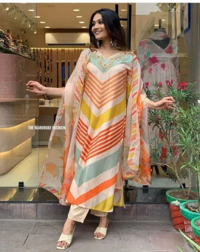 Women's Cotton Three Piece with Butter Silk Salwar, 2 Colours