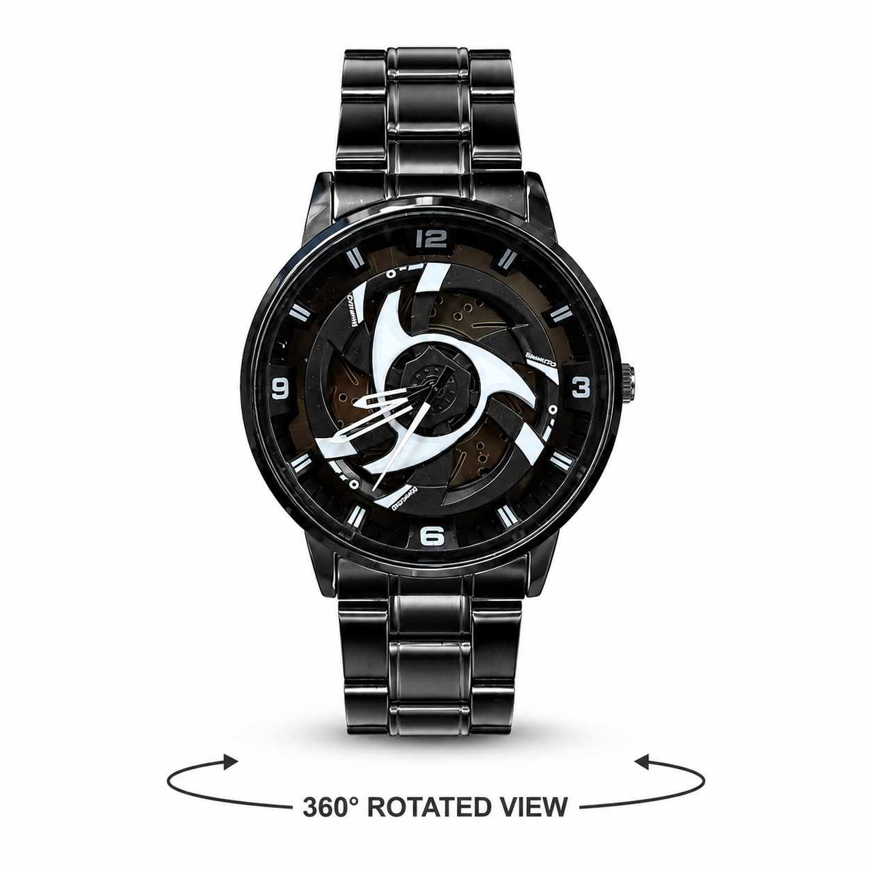360° Rotating Car Wheel Rim Quartz Watch – Matte Black Metal Sports Wristwatch, 3D Alloy Rim & Brake Disc Dial, Stainless Steel Strap & Scratch-Resistant Glass for Men