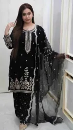 Women's Slub Cotton Three Piece with Organza Tissue Dupatta