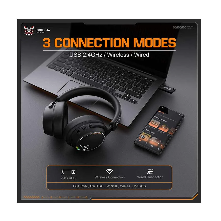 Onikuma GT886 Tri-Mode Wireless Black Gaming Headset
