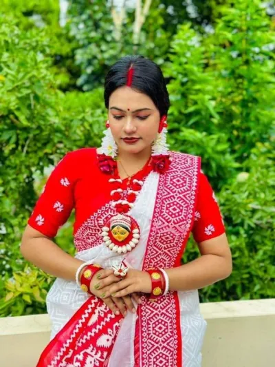 Pohela Boishakh Half Silk Saree with Red Border and Blouse Piece