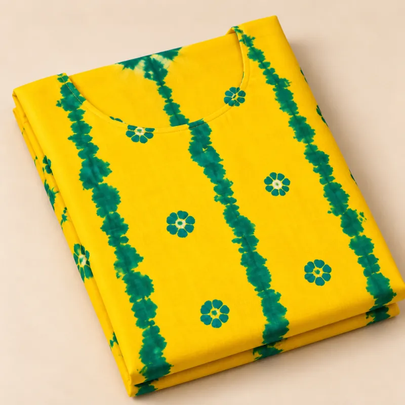 Unstitched Premium Tie-Dye & Batik Printed Cotton Three-Piece Suit - Bright Yellow & Green