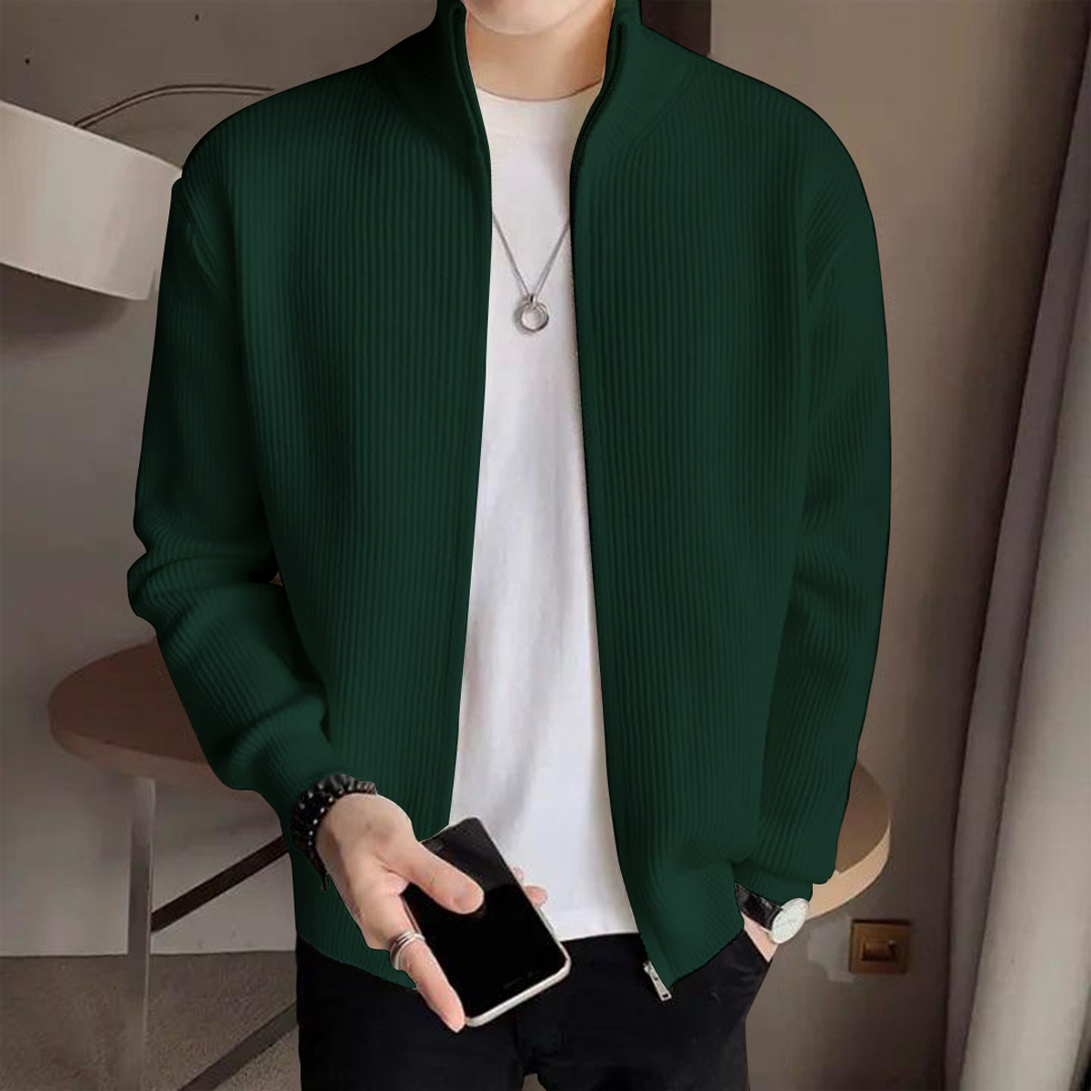 Men's Rib jacket Bottle Green Colour (Full Zipper)