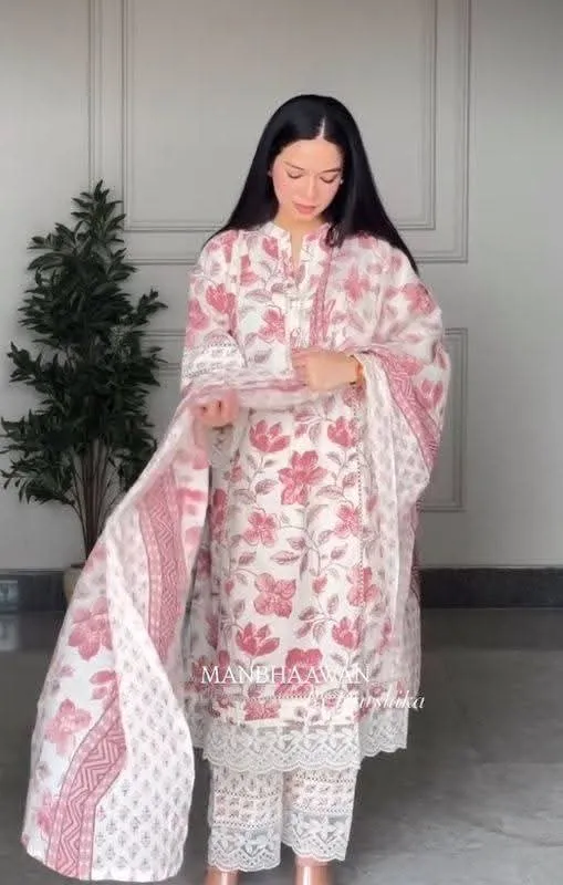 Full Body Embroidery Pure Cotton Three Piece, Sizes M to XXL