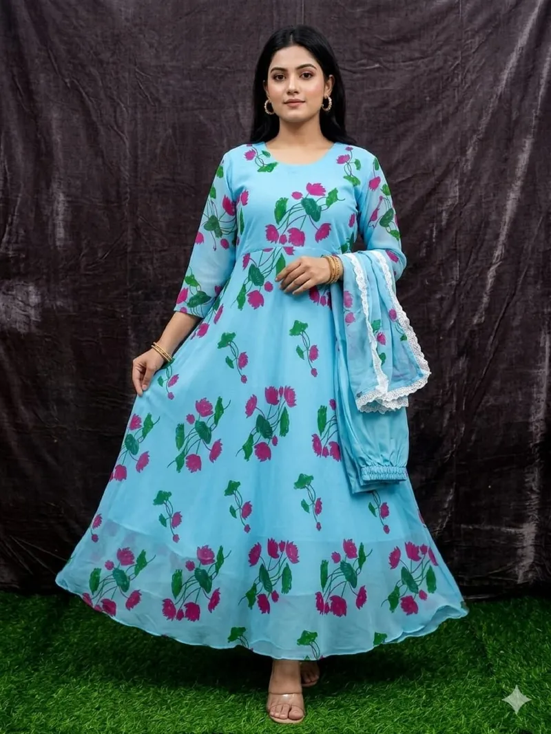 Georgette Gown Three Piece, Free Size with Lace Orna