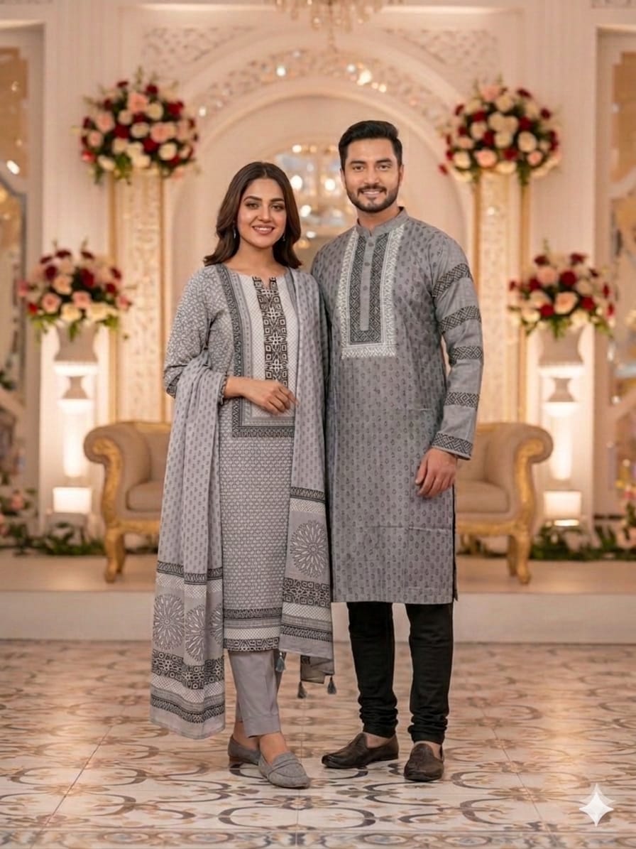 Couple Cotton Voile Three Piece and Dhupian Silk Panjabi Set