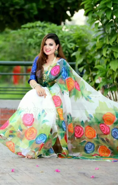 Half Silk Hand Paint Saree for Women, 6 Colour Choices