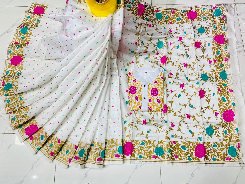 Dhupian Silk Couple Set, Screen Print Saree and Panjabi, S to XL