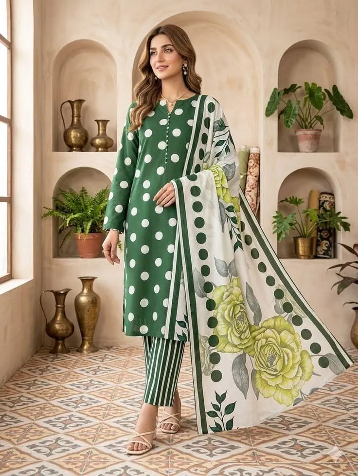 Women's Screen Print Three Piece, AC Cotton Kameez, Sizes 38 to 44
