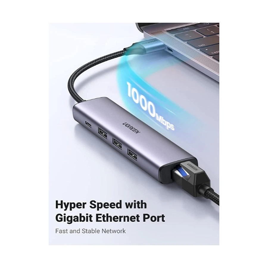 UGREEN CM475 (60554) USB to Tri USB 3.0, Type-C & LAN Converter Grey