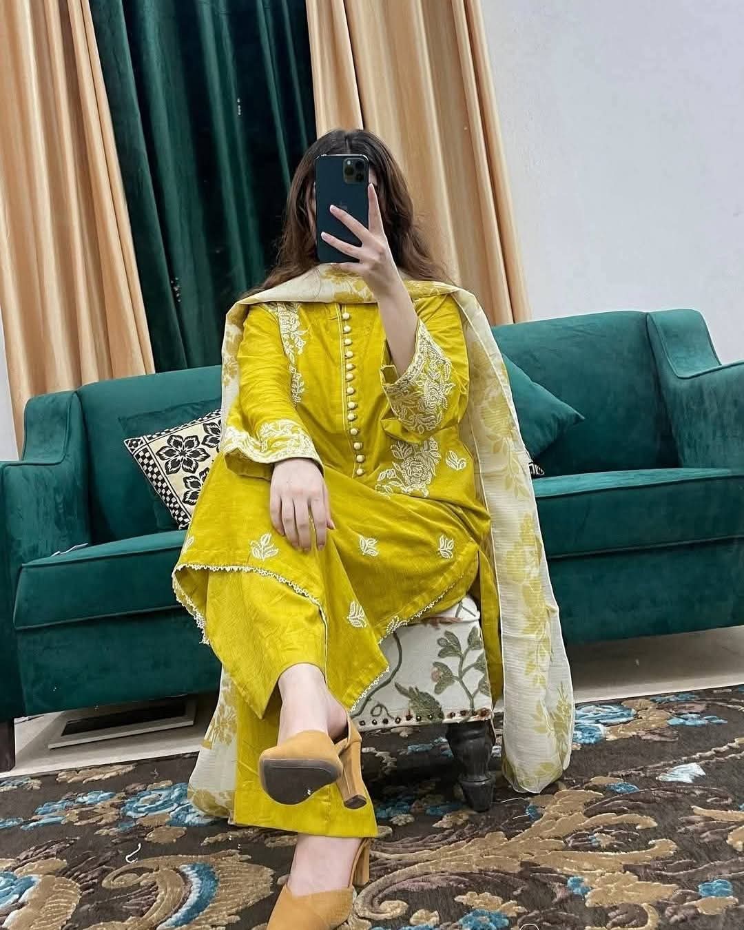 Women's Rayon Cotton Three Piece with Embroidery and Lace Work