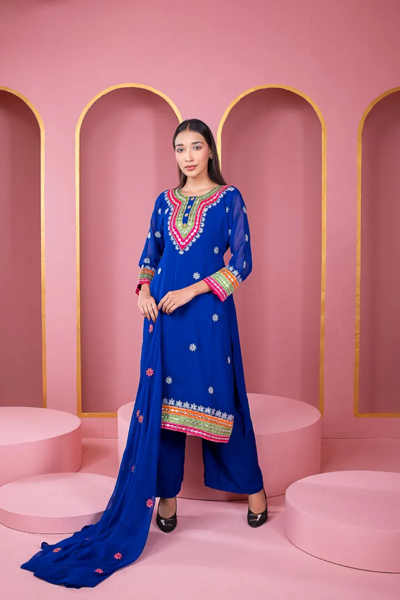Georgette Three Piece with Dollar and Embroidery Work, 6 Colours