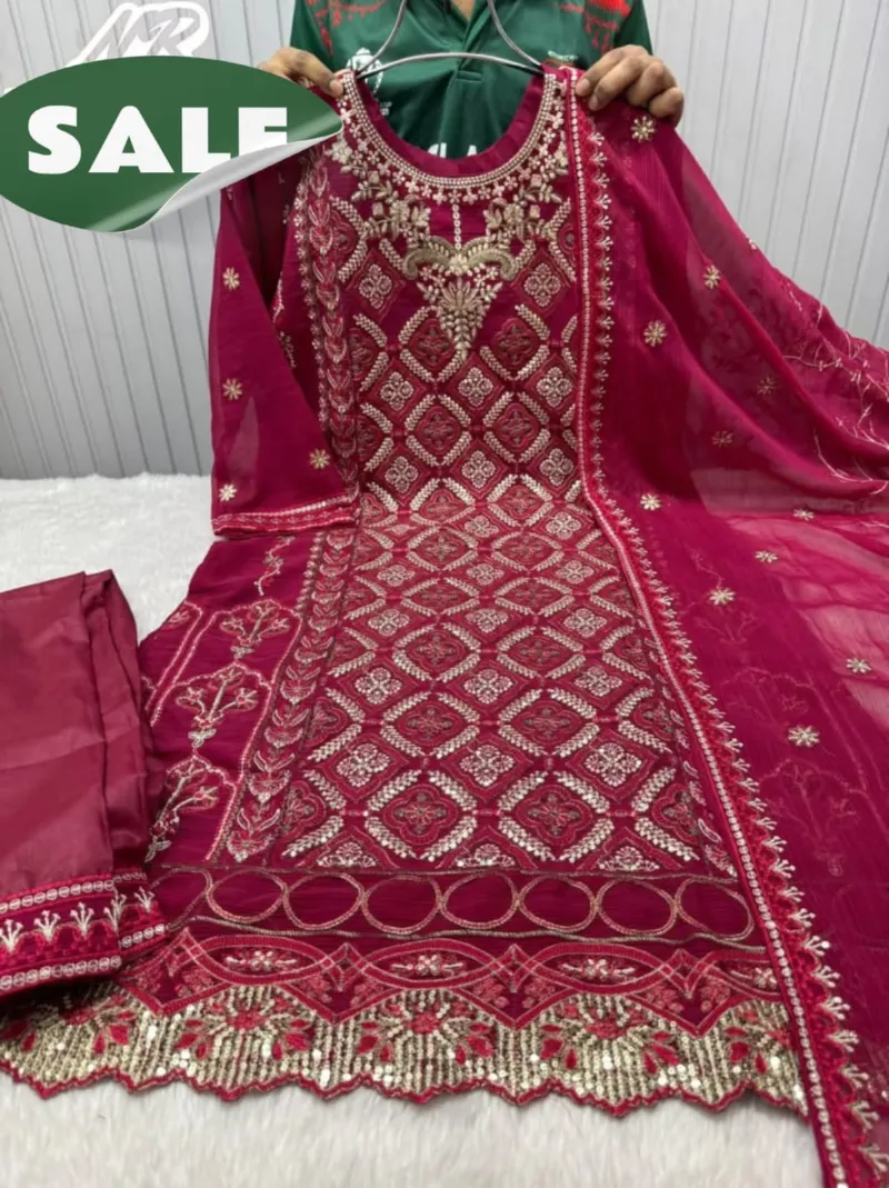 Women's Chinon Georgette Three Piece, Topeto Silk Salwar