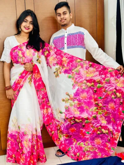 Digital Print Saree and Dhupian Panjabi Couple Set, 12 Haath